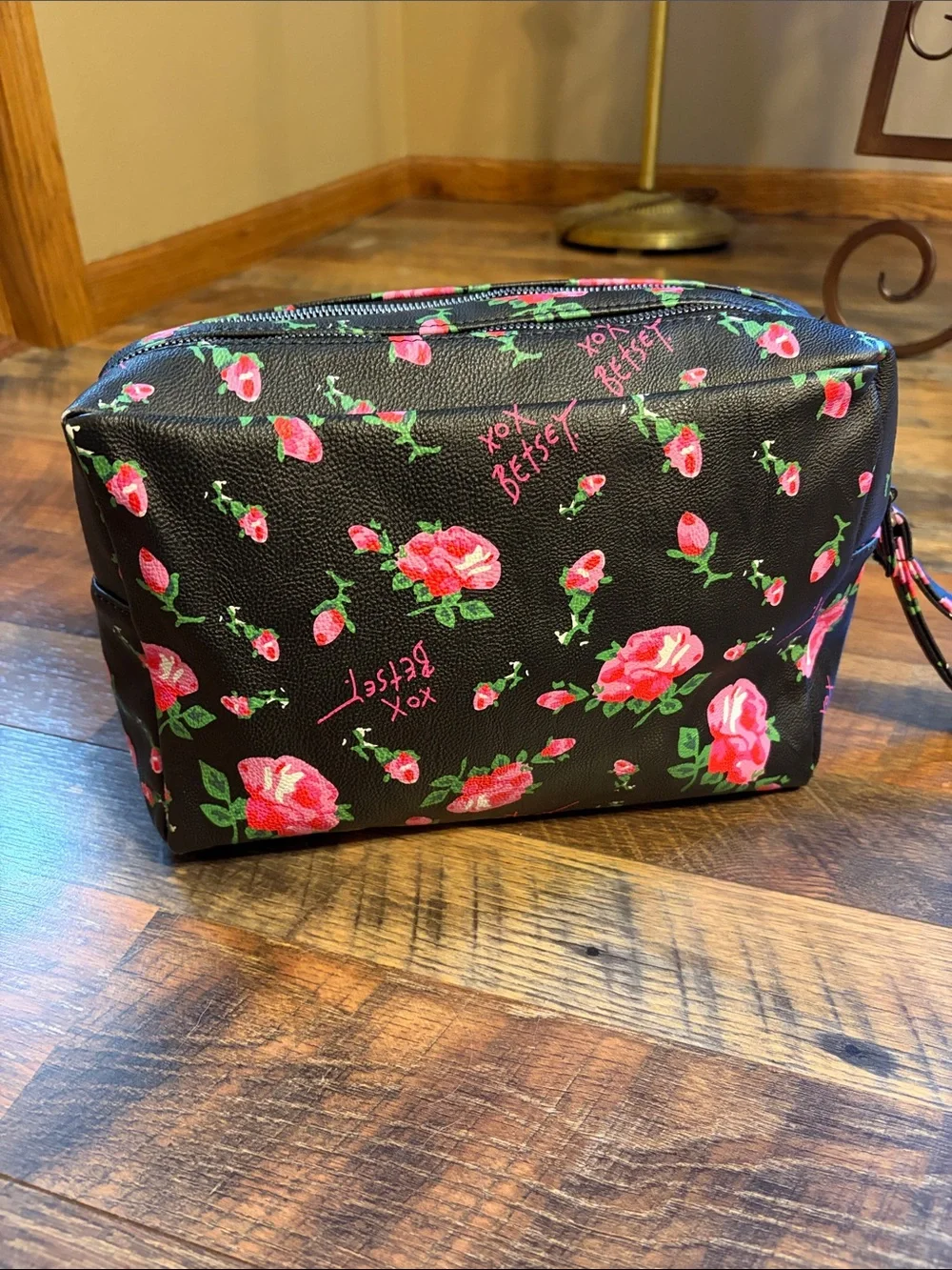 Betsey Johnson Black Cosmetic Pouch with Pink Floral Print